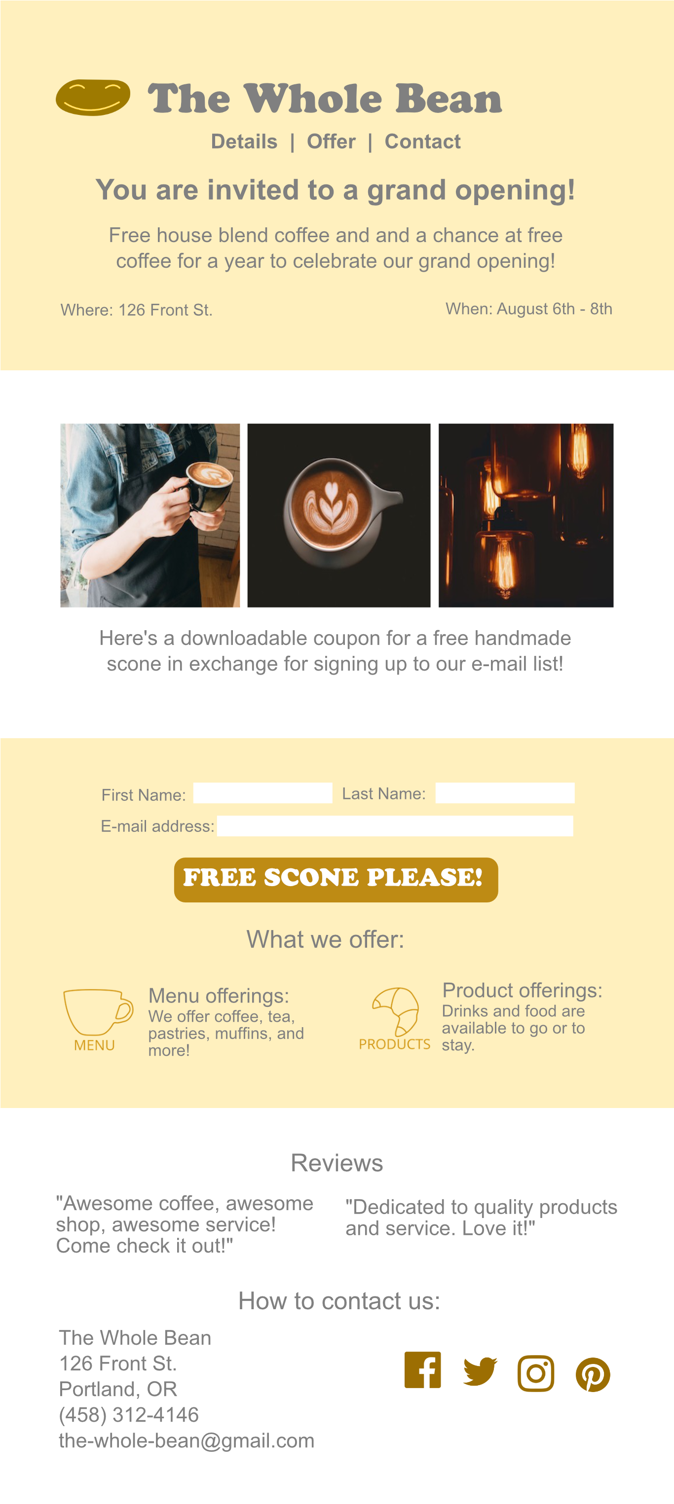 The Whole Bean landing page final comp